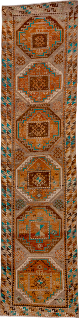 3' x 12' one-of-a-kind handmade vintage Oushak runner rug. Color palette: blue, brown, gray, green, red