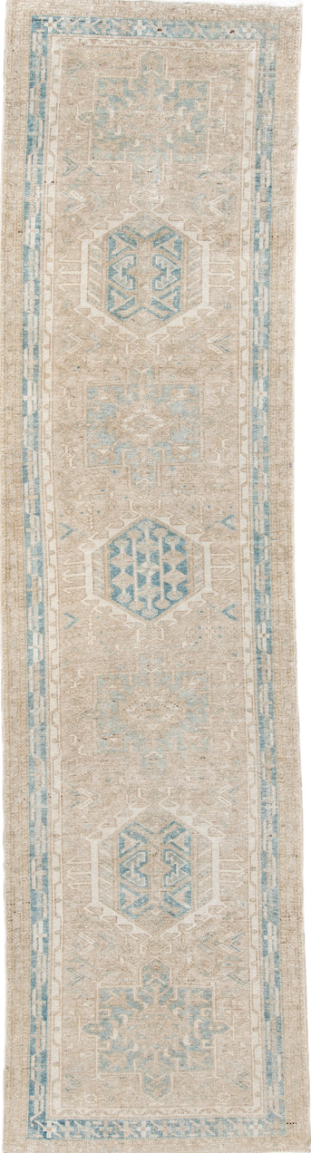 2' x 11' one-of-a-kind handmade vintage Karaje runner rug. Color palette: blue, brown, dark gray, gray, light gray
