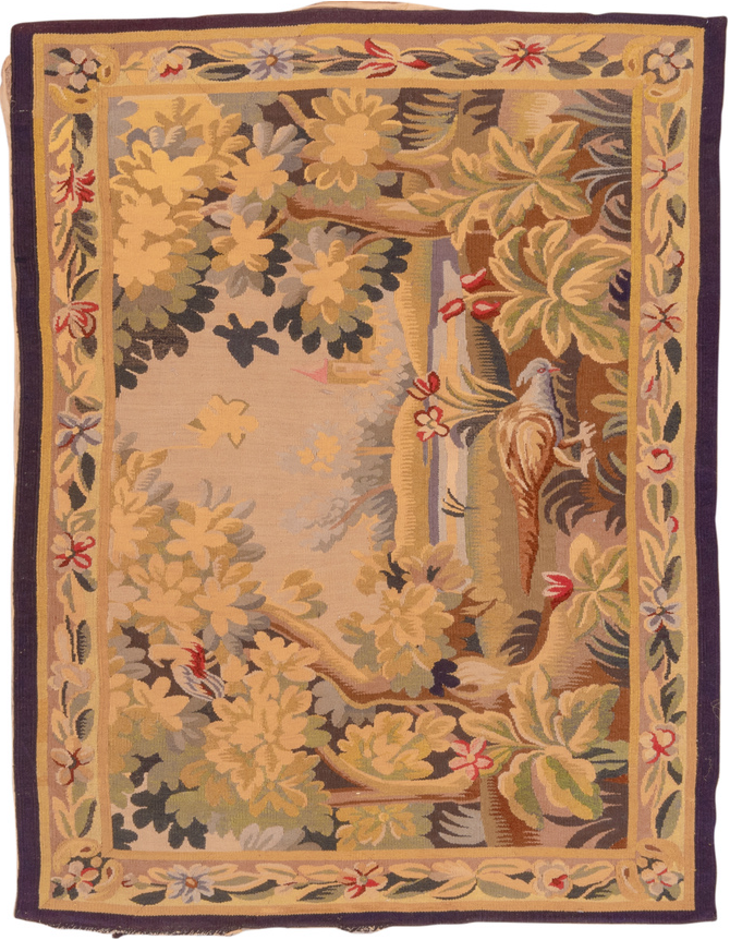 4' x 5' one-of-a-kind handmade vintage Tapestry small size rug. Color palette: brown, burlywood, gray, orange, red