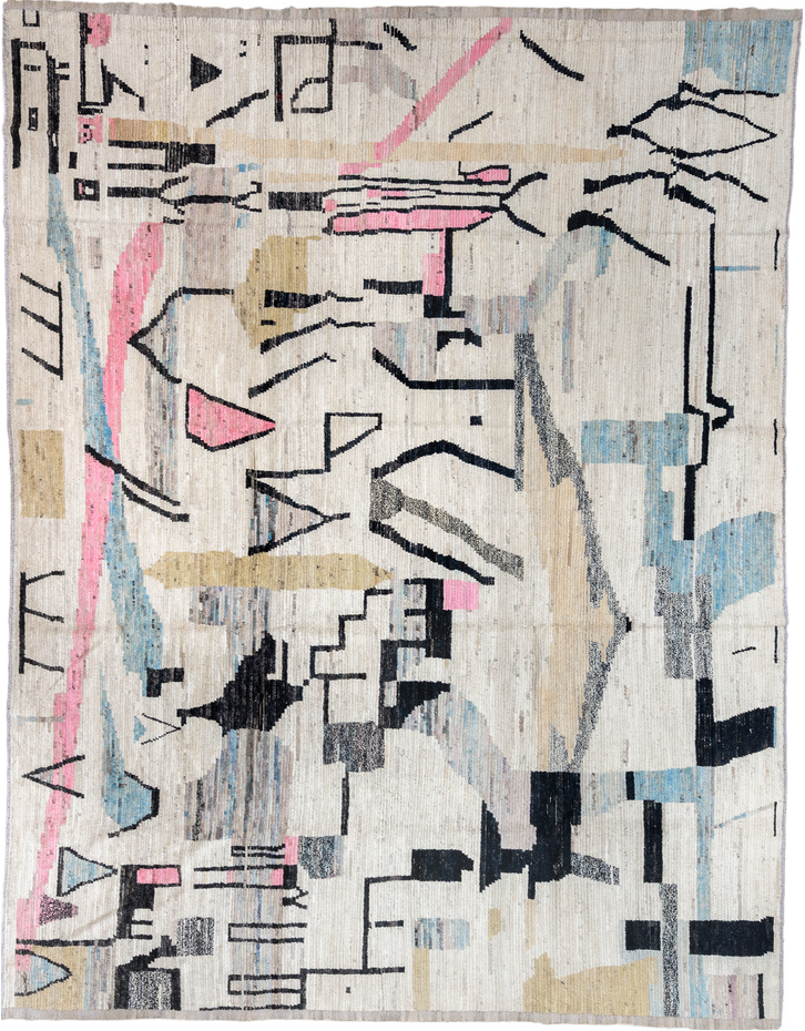 15' x 11' one-of-a-kind handmade vintage Tulu oversize rug. Color palette: black, blue, brown, charcoal, dark gray, dim gray