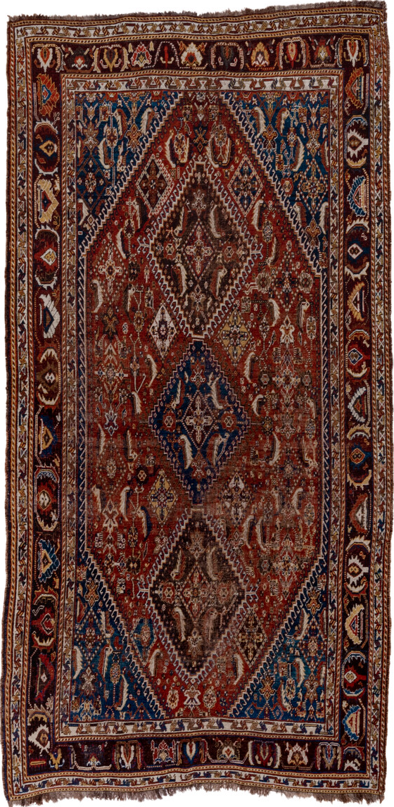 5' x 9' one-of-a-kind handmade vintage Qashqai medium size rug. Color palette: black, brown, gray, pink