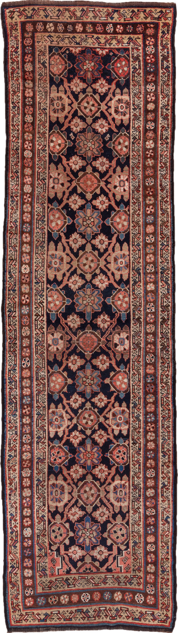 3' x 11' one-of-a-kind handmade vintage Kurd runner rug. Color palette: blue, brown, fiord, gray, pink, red, redwood