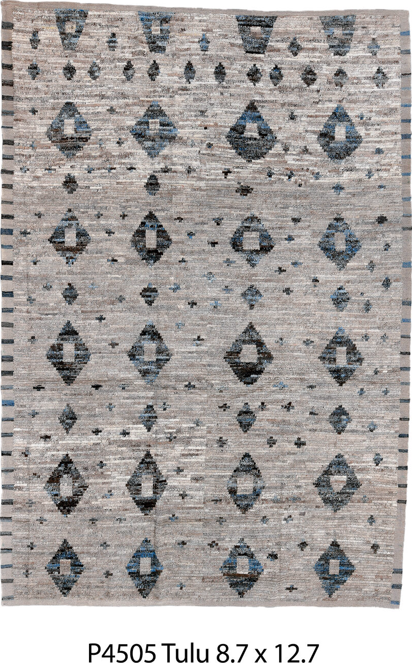 8' x 12' one-of-a-kind handmade vintage Tulu large size rug. Color palette: black, blue, charcoal, dark gray, dim gray
