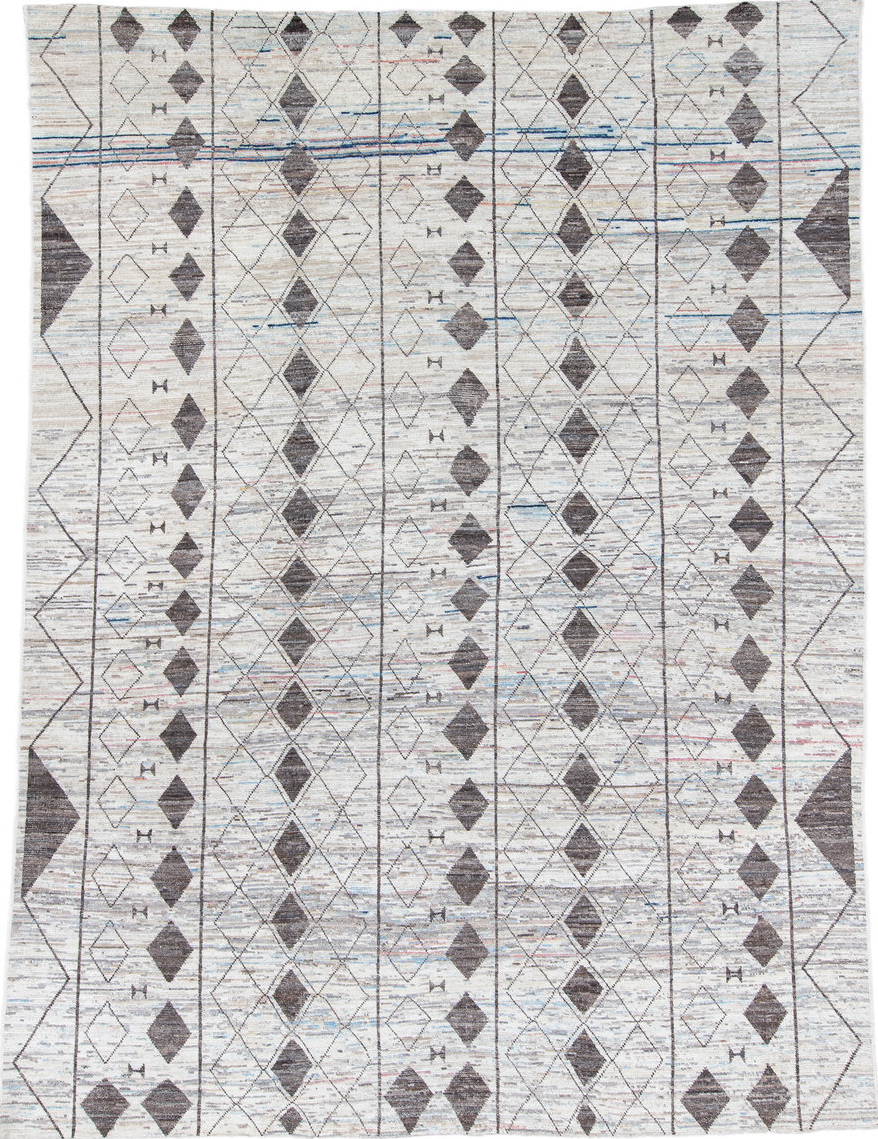 10' x 13' one-of-a-kind handmade vintage Tulu large size rug. Color palette: blue, dark gray, gainsboro, gray, light gray