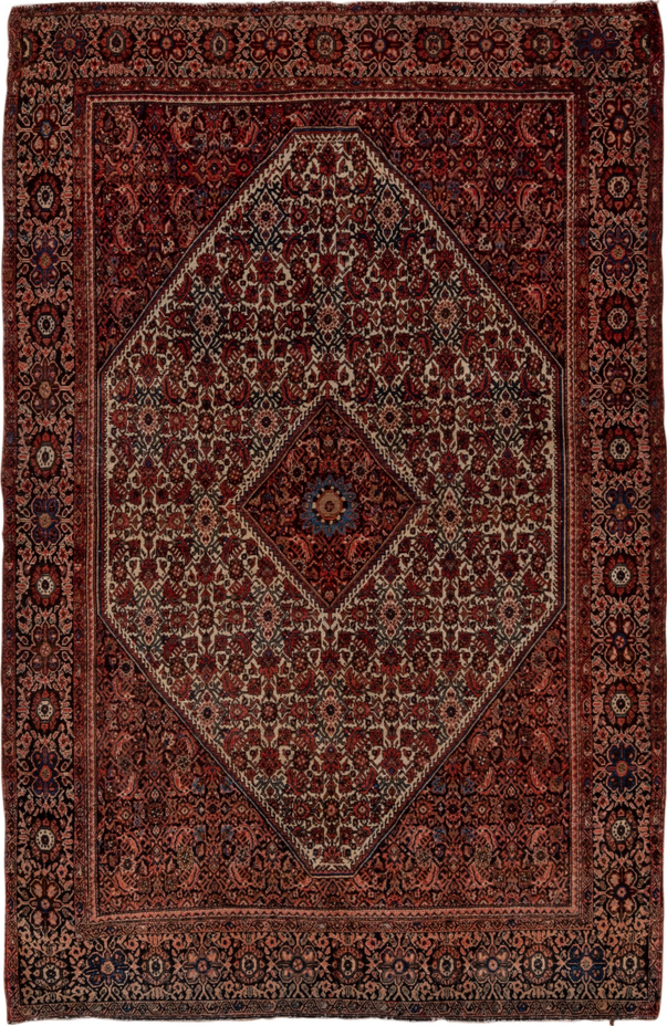4' x 6' one-of-a-kind handmade vintage Far.Sarouk small size rug. Color palette: black, brown, gray, pink, red
