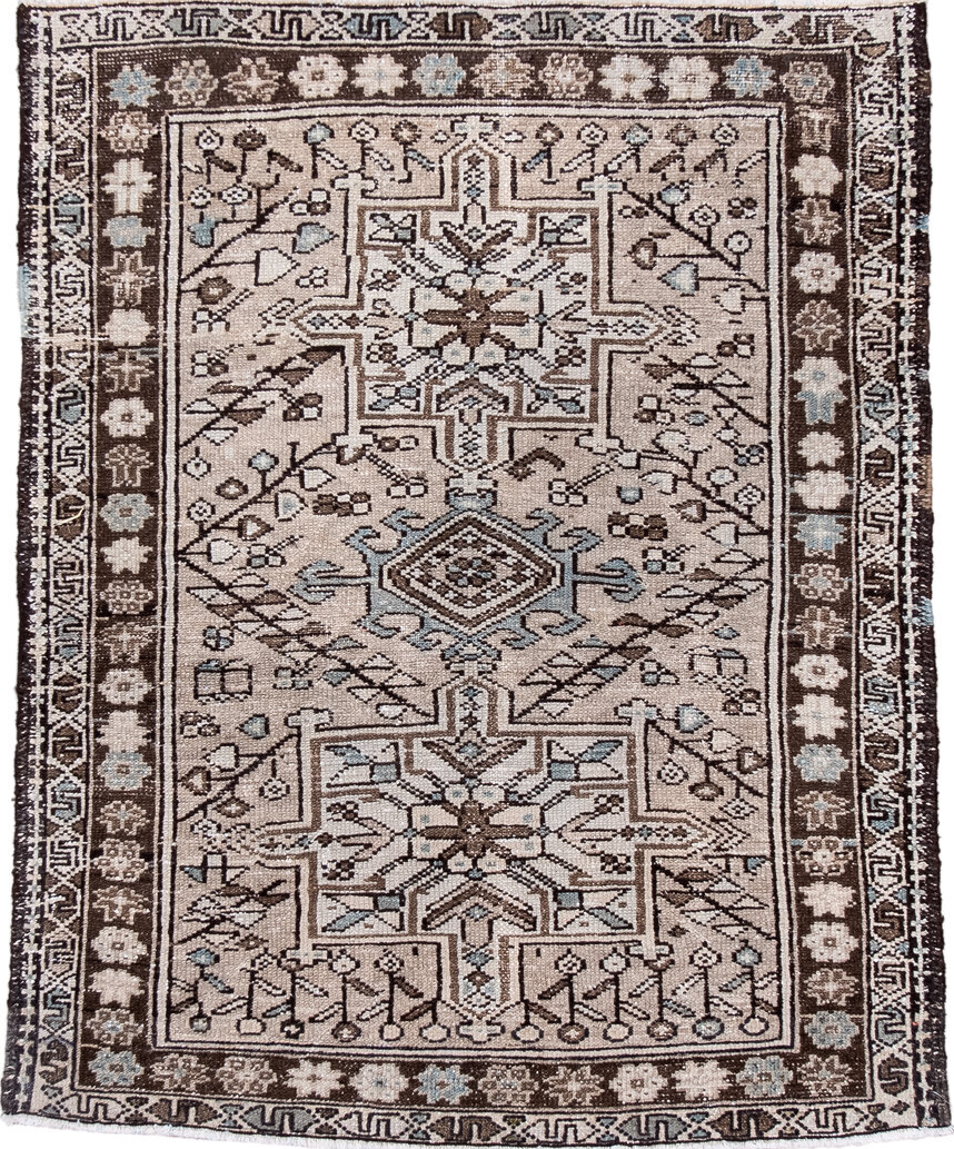3' x 4' one-of-a-kind handmade vintage Karaje small size rug. Color palette: black, brown, charcoal, dim gray, gainsboro