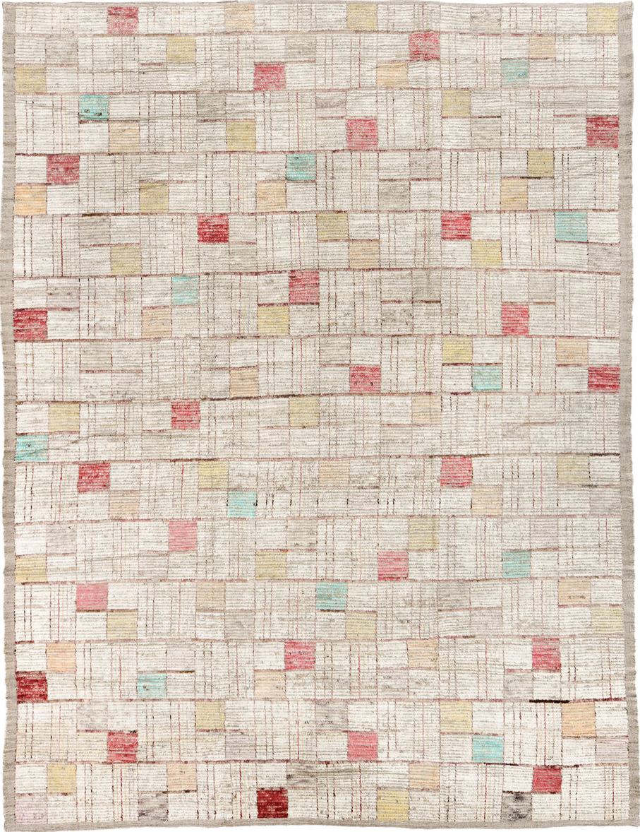 10' x 13' one-of-a-kind handmade vintage Tulu large size rug. Color palette: brown, gainsboro, gray, light gray, linen