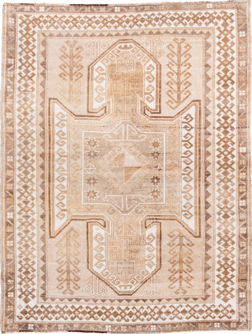 4' x 5' one-of-a-kind handmade vintage Kars small size rug. Color palette: antiquewhite, blanched almond, brown, gray