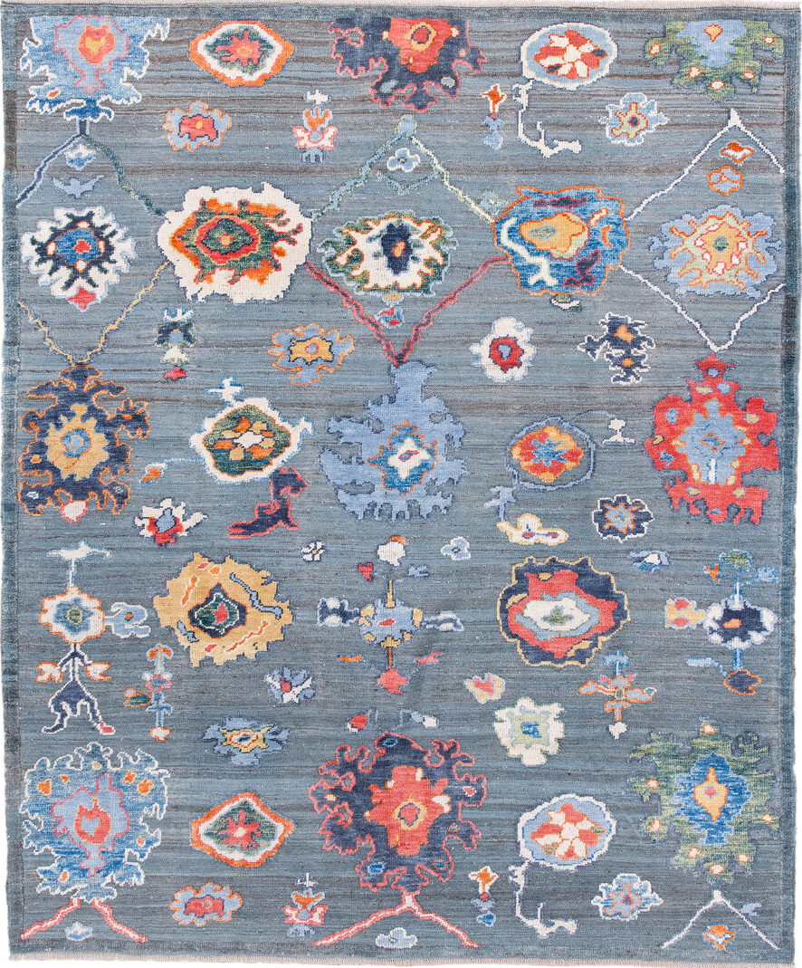 8' x 10' one-of-a-kind handmade vintage Oushak large size rug. Color palette: blue, brown, burlywood, gainsboro, gray