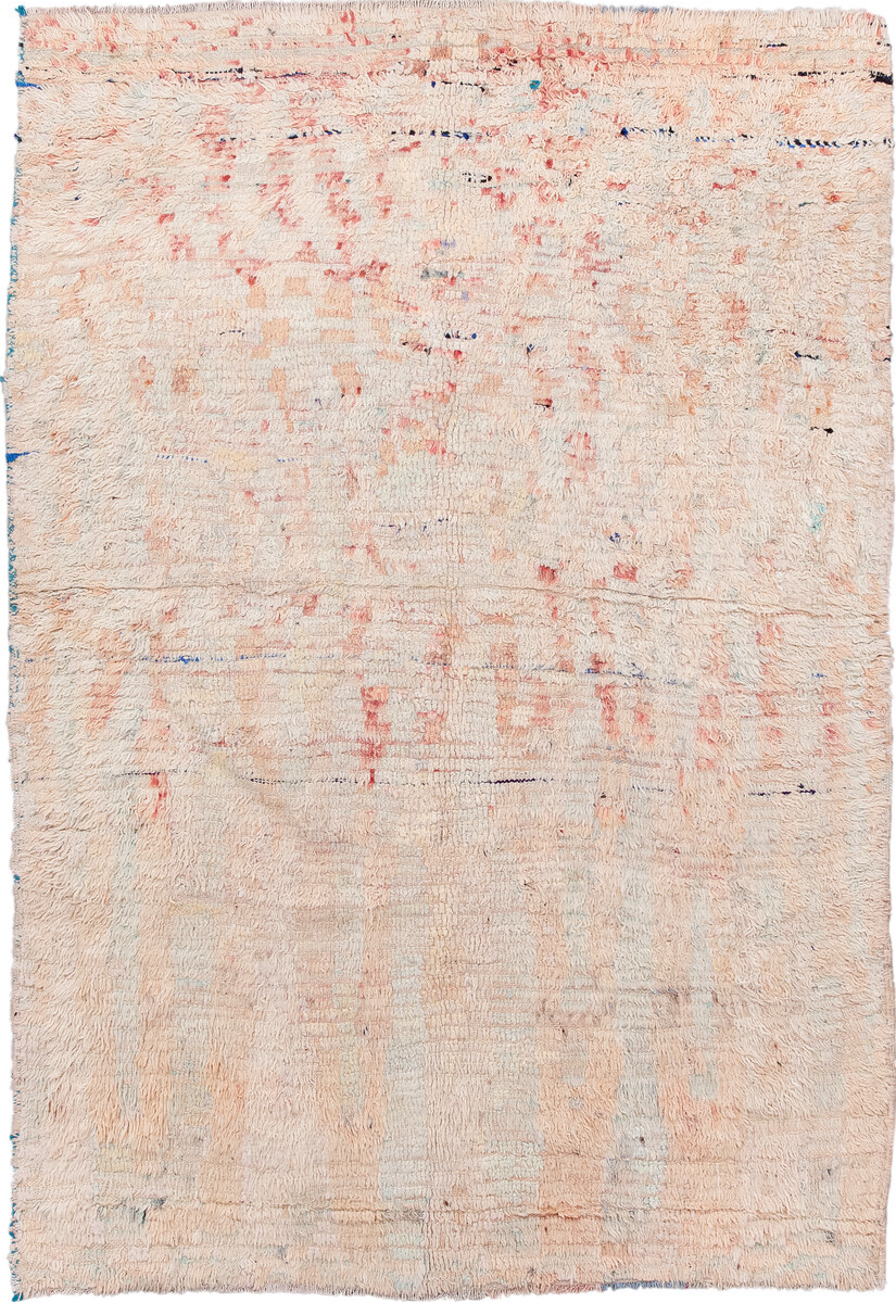 5' x 7' one-of-a-kind handmade vintage Moroccan rug. Color palette: blue, brown, gray, light gray, linen, off-white, orange