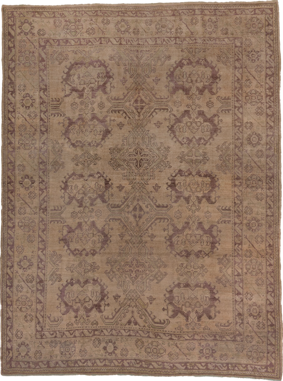 8' x 11' one-of-a-kind handmade vintage Oushak large size rug. Color palette: brown, gray, light gray, pink, redwood
