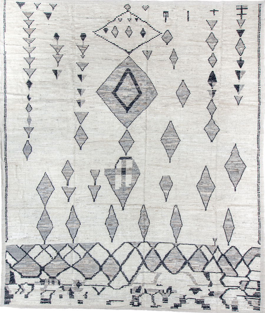 12' x 14' one-of-a-kind handmade vintage Tulu oversize rug. Color palette: alice blue, azure, black, blue, dark gray