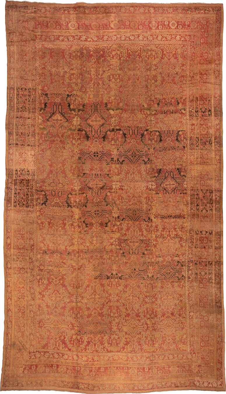 16' x 28' one-of-a-kind handmade vintage Oushak oversize rug. Color palette: brown, orange, pink, sienna