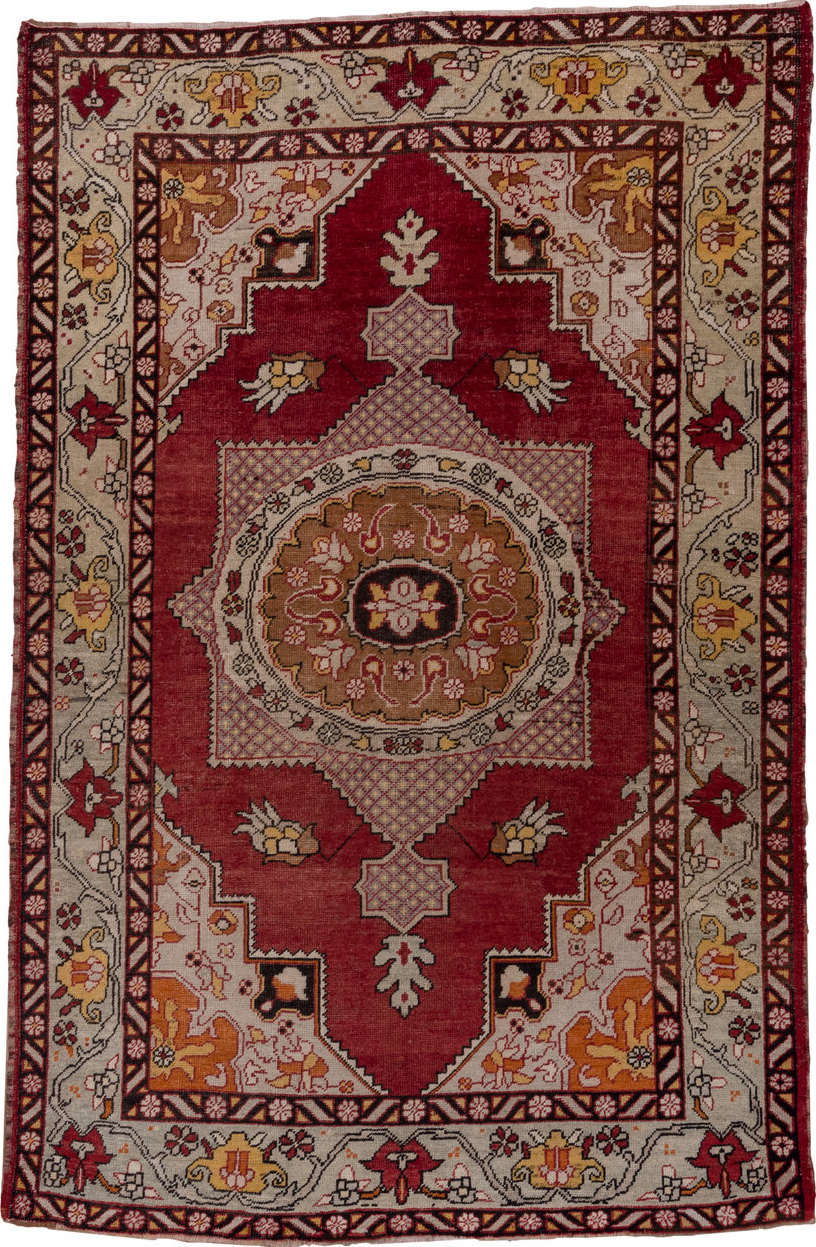 6' x 9' one-of-a-kind handmade vintage Oushak medium size rug. Color palette: brown, off-white, red, gray, pink, whitesmoke