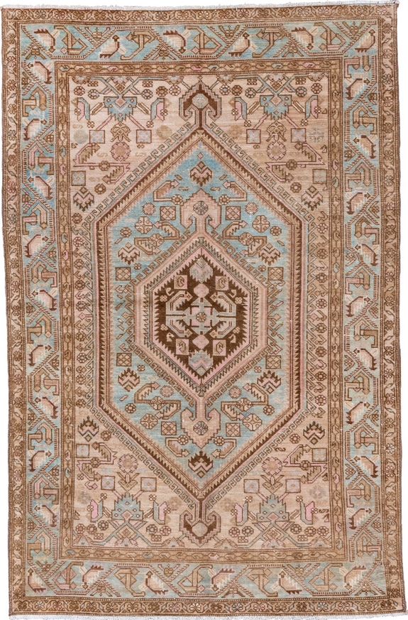 4' x 6' one-of-a-kind handmade vintage Malayer small size rug. Color palette: brown, gray, light gray, off-white, pink