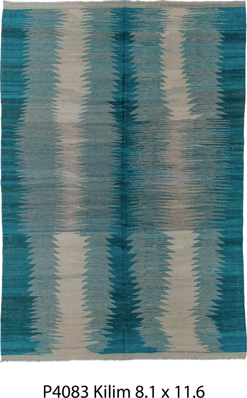 8' x 11' one-of-a-kind handmade vintage Kilim large size rug. Color palette: black, blue, dim gray, gainsboro, gray, green