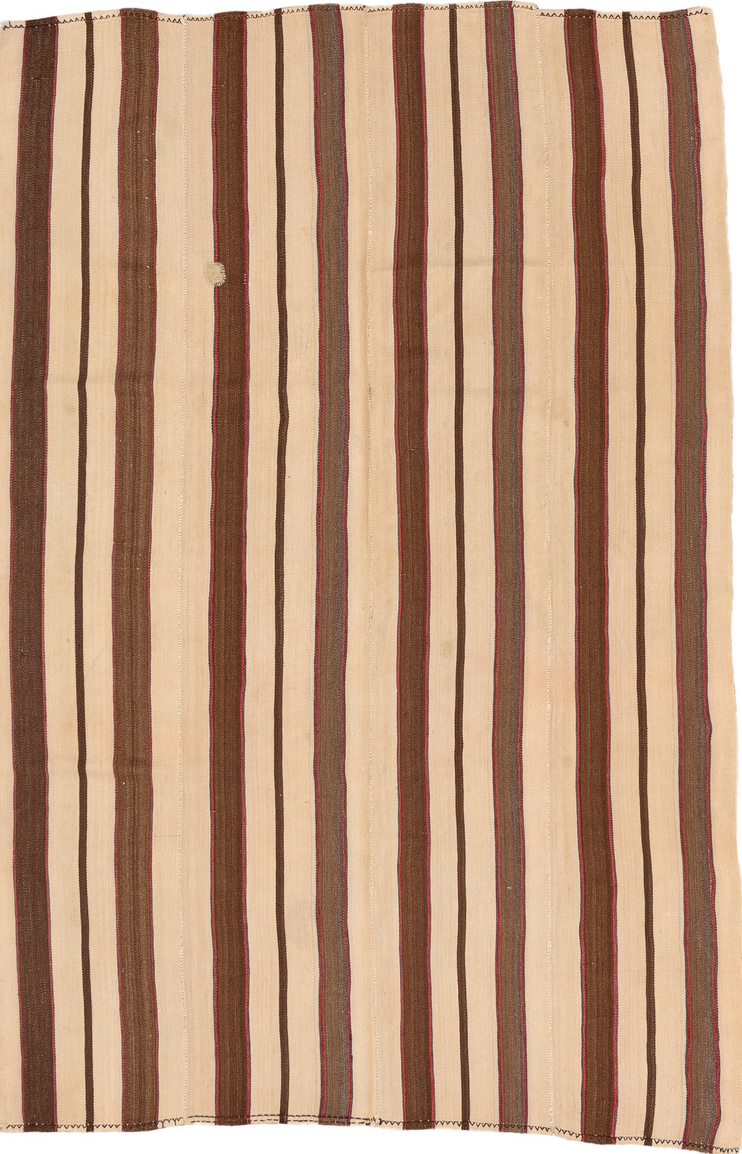 5' x 8' one-of-a-kind handmade vintage Kilim medium size rug. Color palette: bisque, blanched almond, brown, off-white