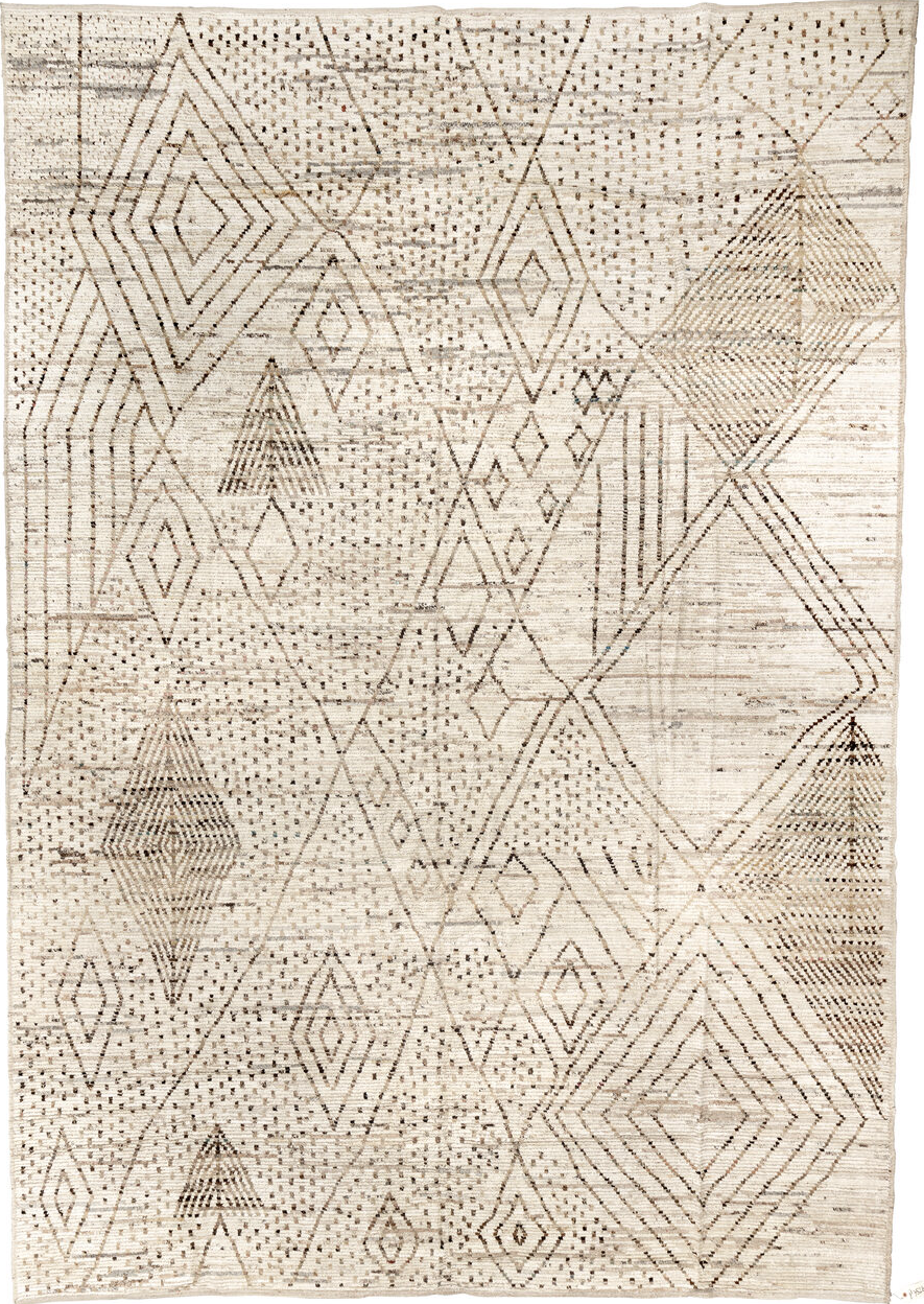 12' x 18' one-of-a-kind handmade vintage Tulu oversize rug. Color palette: beige, black, brown, gainsboro, gray, light gray