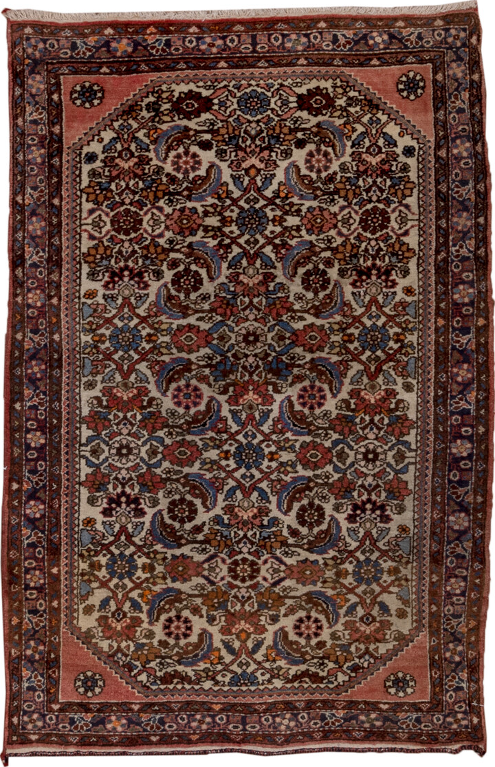 2' x 4' one-of-a-kind handmade vintage Malayer small size rug. Color palette: blue, brown, dim gray, gray, pink, red