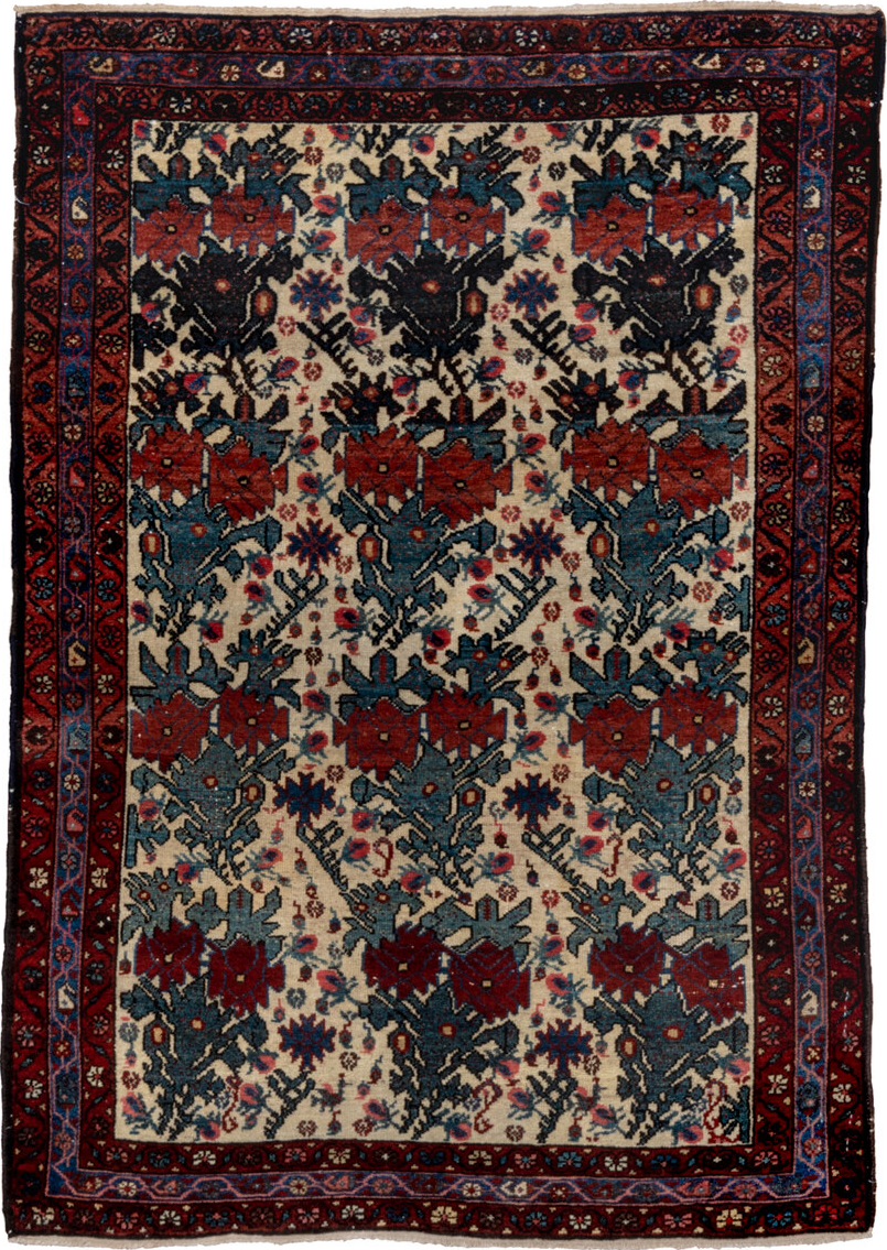 3' x 4' one-of-a-kind handmade vintage Malayer small size rug. Color palette: arapawa, black, blue, brown, gray, off-white