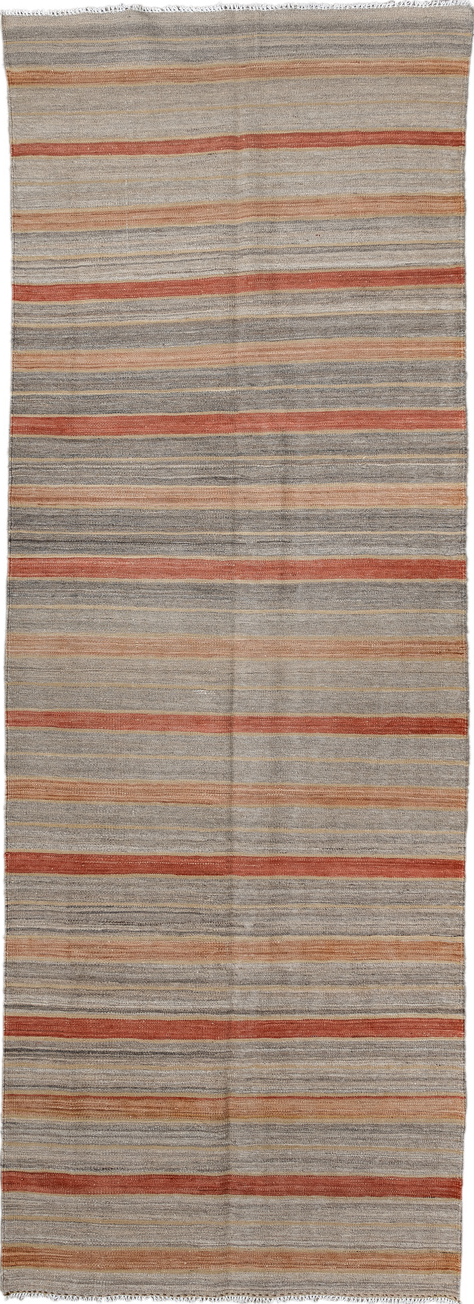 3' x 9' one-of-a-kind handmade vintage Kilim runner rug. Color palette: brown, dim gray, gray, light gray, off-white, orange