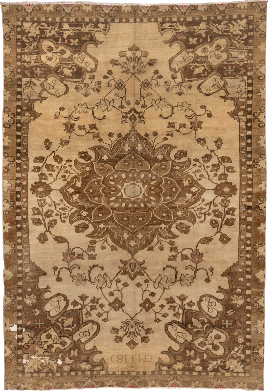 8' x 12' one-of-a-kind handmade vintage Oushak large size rug. Color palette: brown, burlywood, off-white, tan