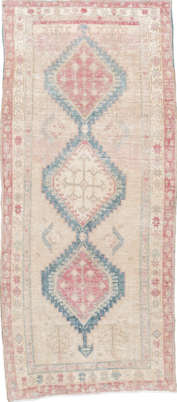 3' x 8' one-of-a-kind handmade vintage Sarab runner rug. Color palette: pink, gray, light gray, off-white, brown, silver