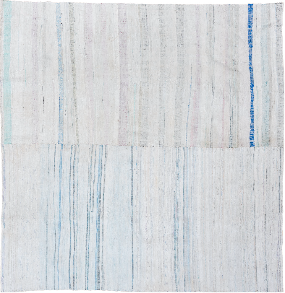 7' x 8' one-of-a-kind handmade vintage Rag Rug rug. Color palette: blue, dark gray, gainsboro, gray, light blue, light gray