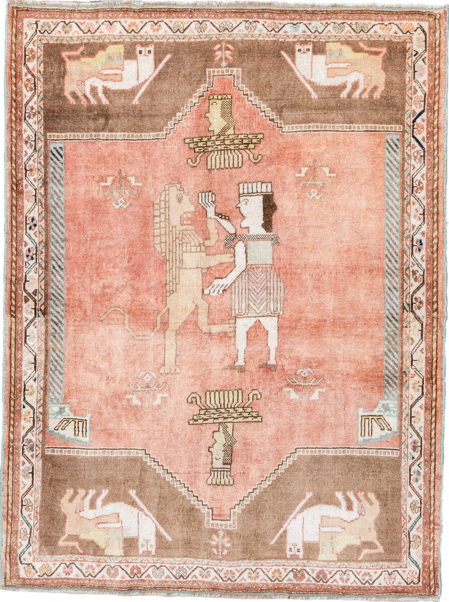 4' x 5' one-of-a-kind handmade vintage Gabbeh small size rug. Color palette: gray, pink, off-white, brown, light gray