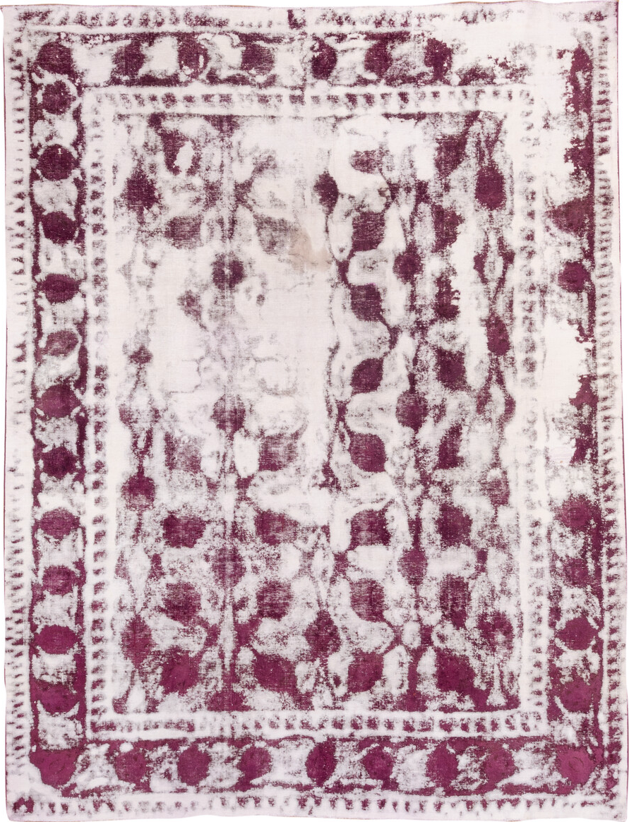 9' x 12' one-of-a-kind handmade vintage Overdyed large size rug. Color palette: brown, gray, light gray, linen, misty rose