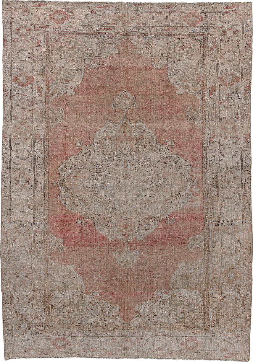 6' x 9' one-of-a-kind handmade vintage Oushak medium size rug. Color palette: brown, gray, light gray, off-white, pink