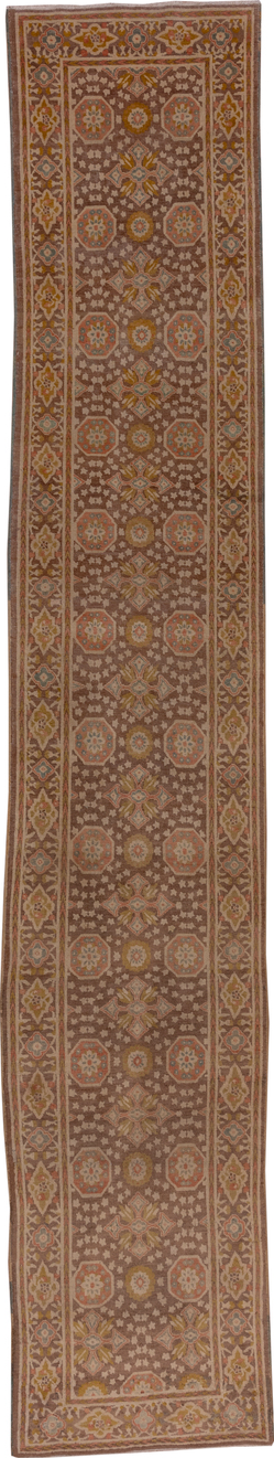 2' x 15' one-of-a-kind handmade vintage Tabriz runner rug. Color palette: brown, off-white, pink, snow, white, whitesmoke