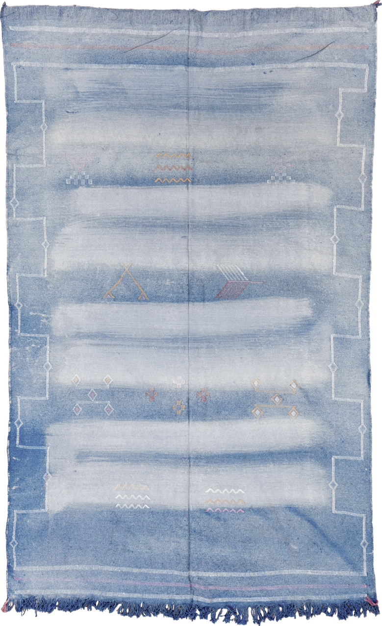 5' x 8' one-of-a-kind handmade vintage Cactus Kilim medium size rug. Color palette: blue, dark gray, gainsboro, gray