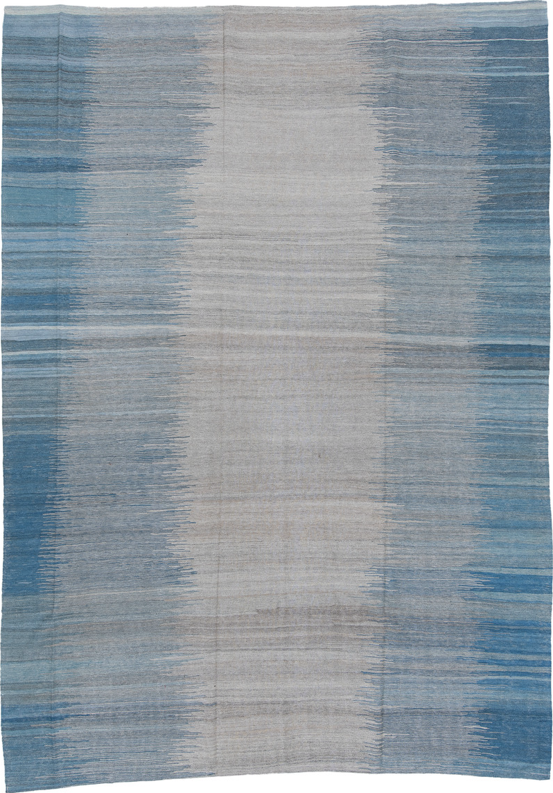 9' x 12' one-of-a-kind handmade vintage Kilim large size rug. Color palette: black, blue, charcoal, dark gray, dim gray