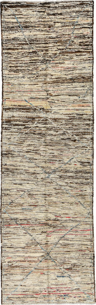 3' x 10' one-of-a-kind handmade vintage Tulu runner rug. Color palette: black, brown, gray, light gray, off-white, silver