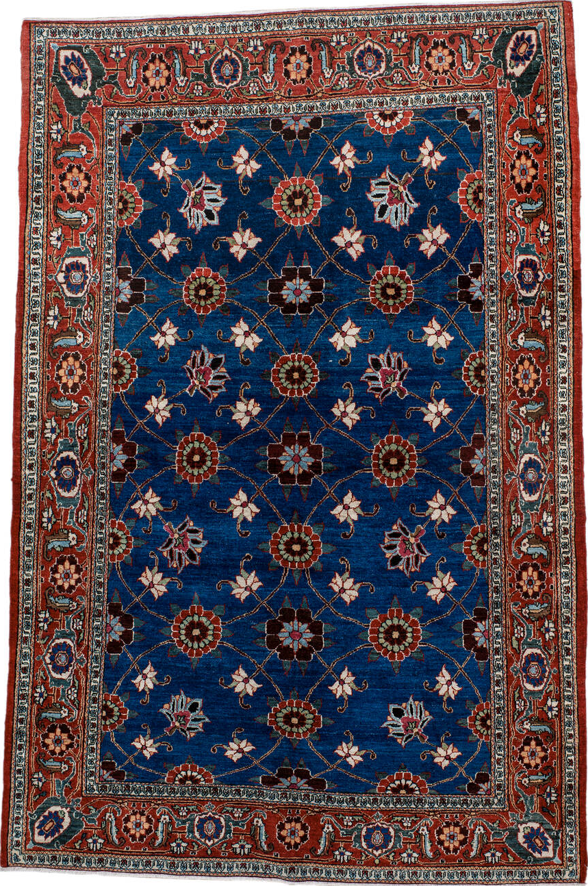 4' x 6' one-of-a-kind handmade vintage Varamin small size rug. Color palette: arapawa, blue, brown, gray, light gray