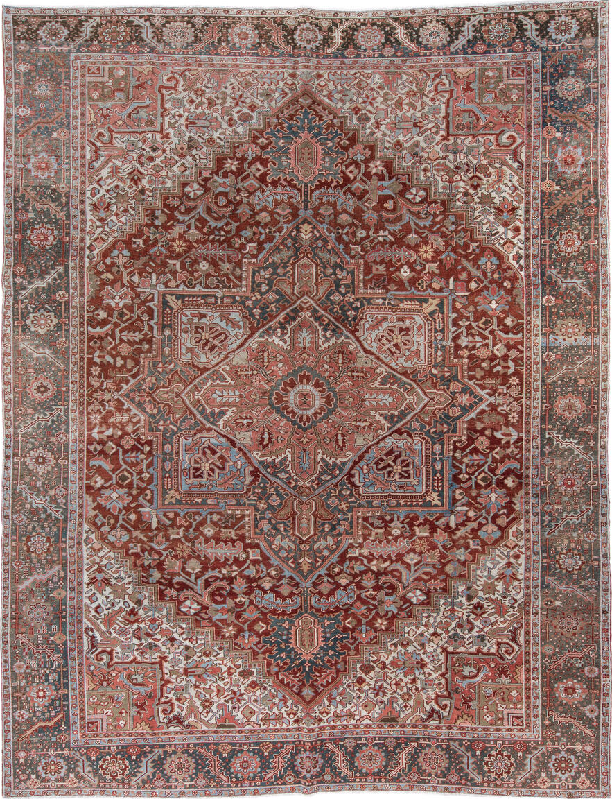 11' x 14' one-of-a-kind handmade vintage Heriz oversize rug. Color palette: brown, pink, gray, black, light gray, orange