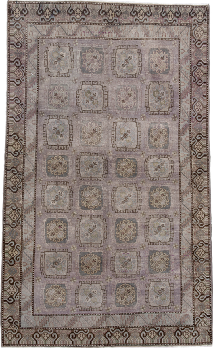 4' x 8' one-of-a-kind handmade vintage Khotan rug. Color palette: brown, dim gray, gray, light gray, pink