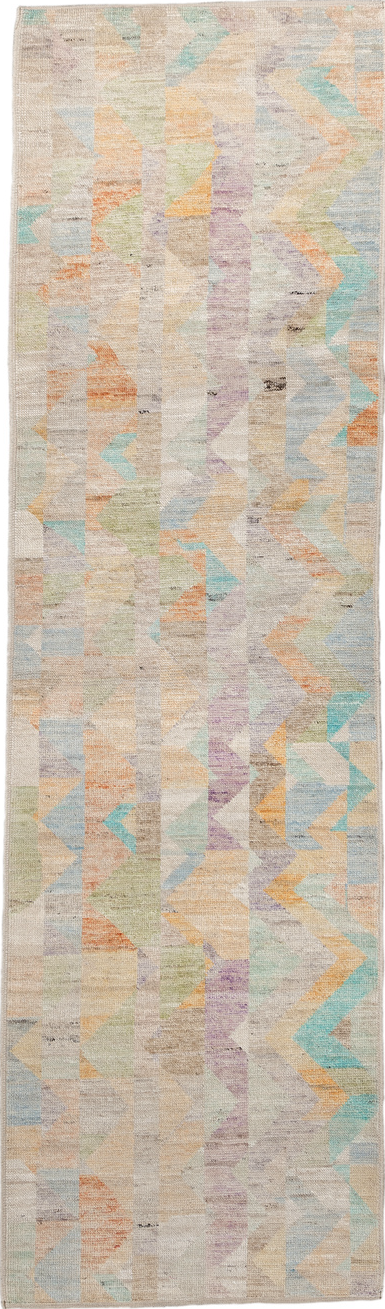 2' x 9' one-of-a-kind handmade vintage Kilim runner rug. Color palette: blue, brown, dark gray, gainsboro, gray, light gray