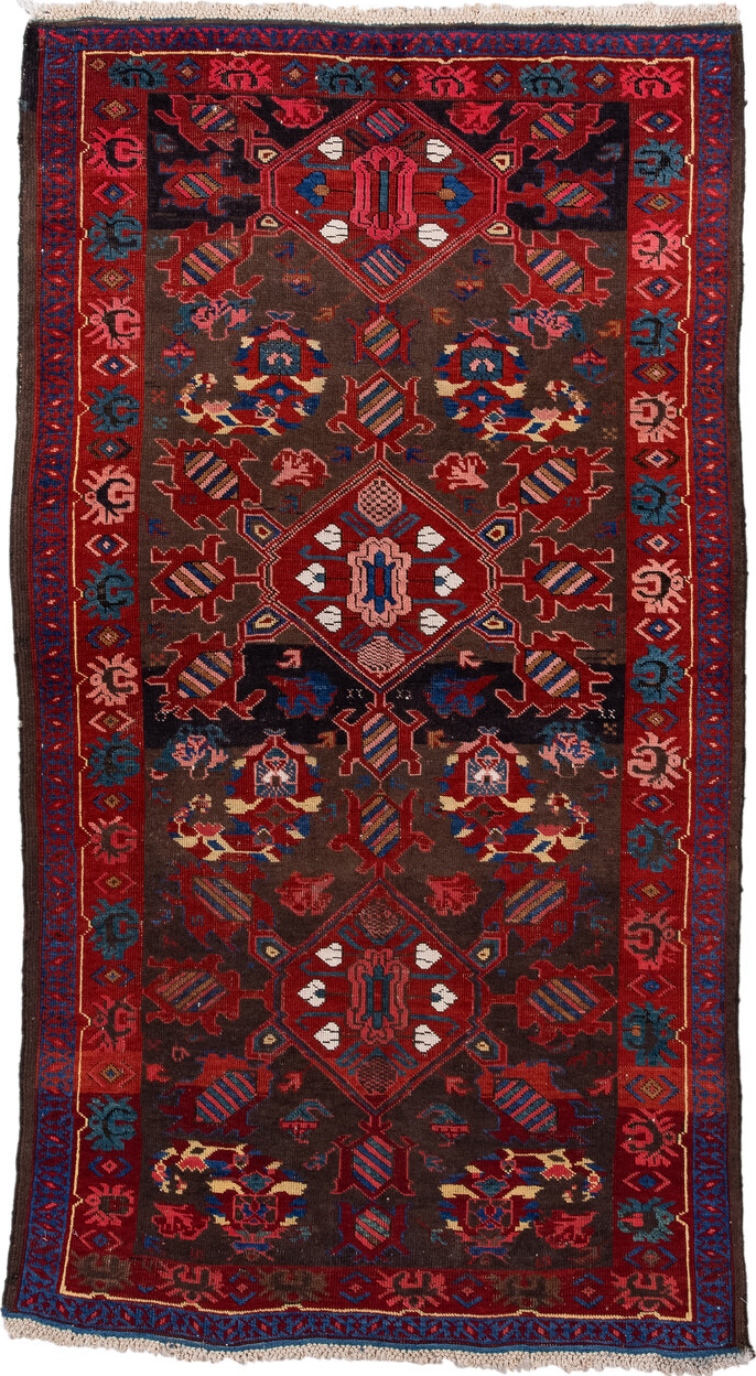 3' x 6' one-of-a-kind handmade vintage Zeichur small size rug. Color palette: blue, brown, burlywood, gray, indian red