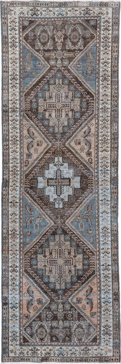 3' x 10' one-of-a-kind handmade vintage Afshar runner rug. Color palette: black, dark gray, dim gray, gainsboro, gray
