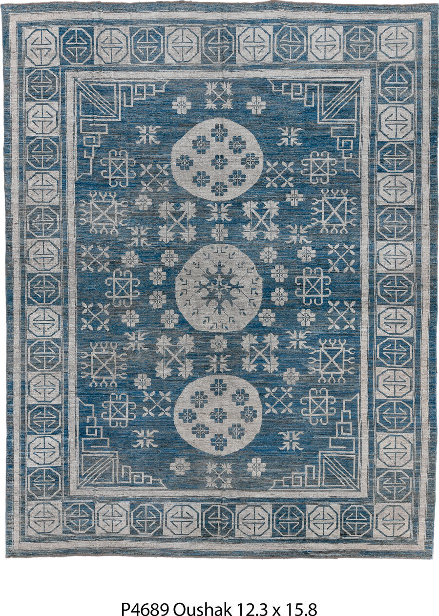 12' x 15' one-of-a-kind handmade vintage Oushak oversize rug. Color palette: black, blue, dark gray, fiord, gainsboro, gray