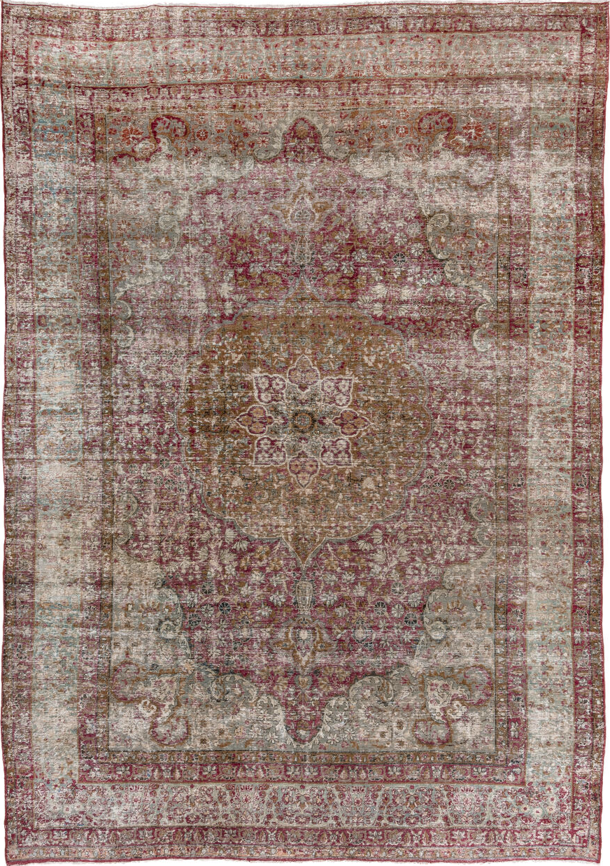 9' x 13' one-of-a-kind handmade vintage Lavar large size rug. Color palette: brown, gray, light gray, off-white, pink, red