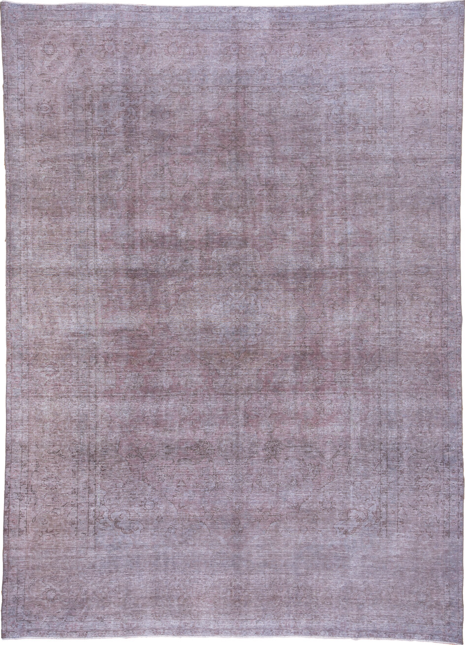 9' x 12' one-of-a-kind handmade vintage Overdyed large size rug. Color palette: gray, light blue, light gray, pink