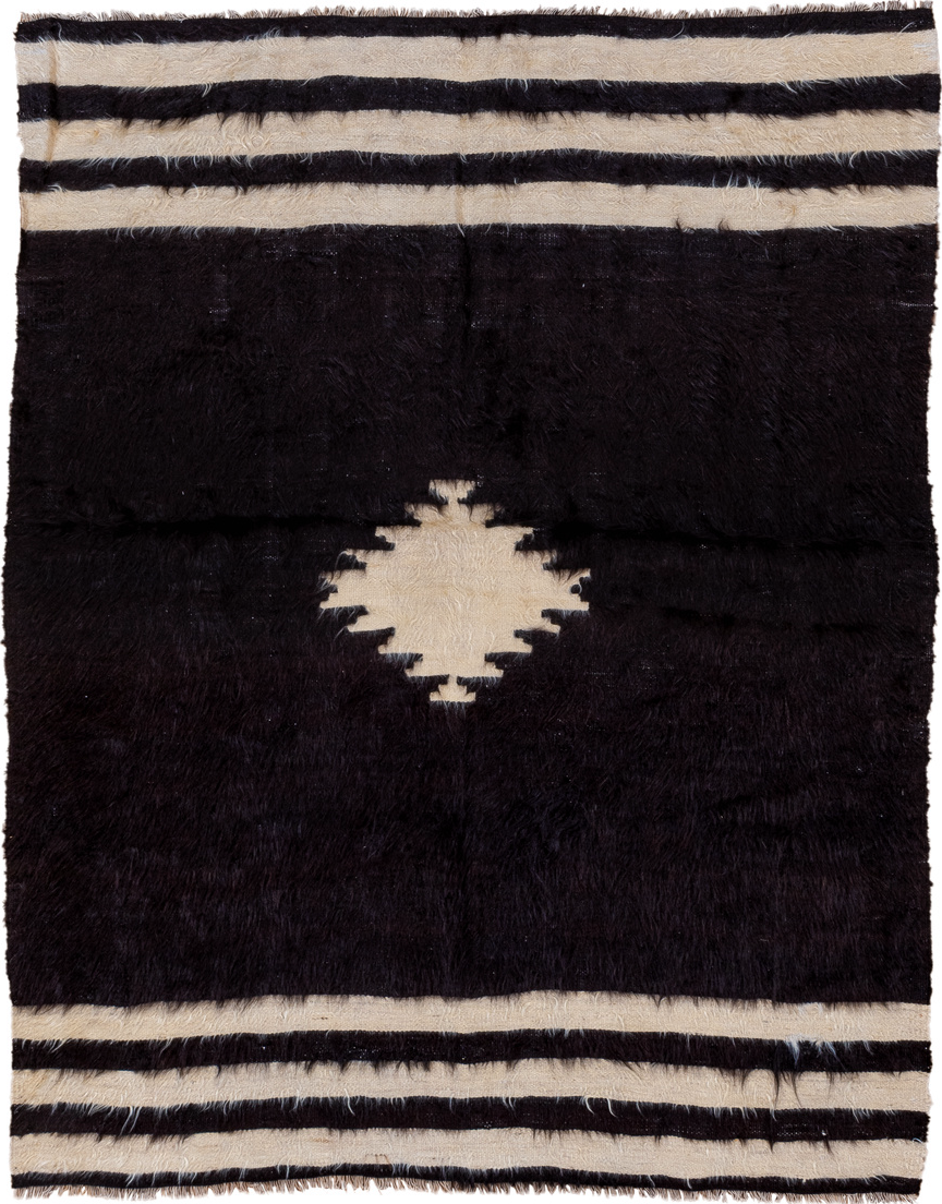 4' x 5' one-of-a-kind handmade vintage Anr small size rug. Color palette: black, blue, charcoal, gainsboro, gray, light gray