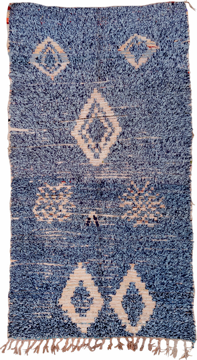 4' x 7' one-of-a-kind handmade vintage Moroccan rug. Color palette: blue, brown, fiord, gray, light blue, light gray