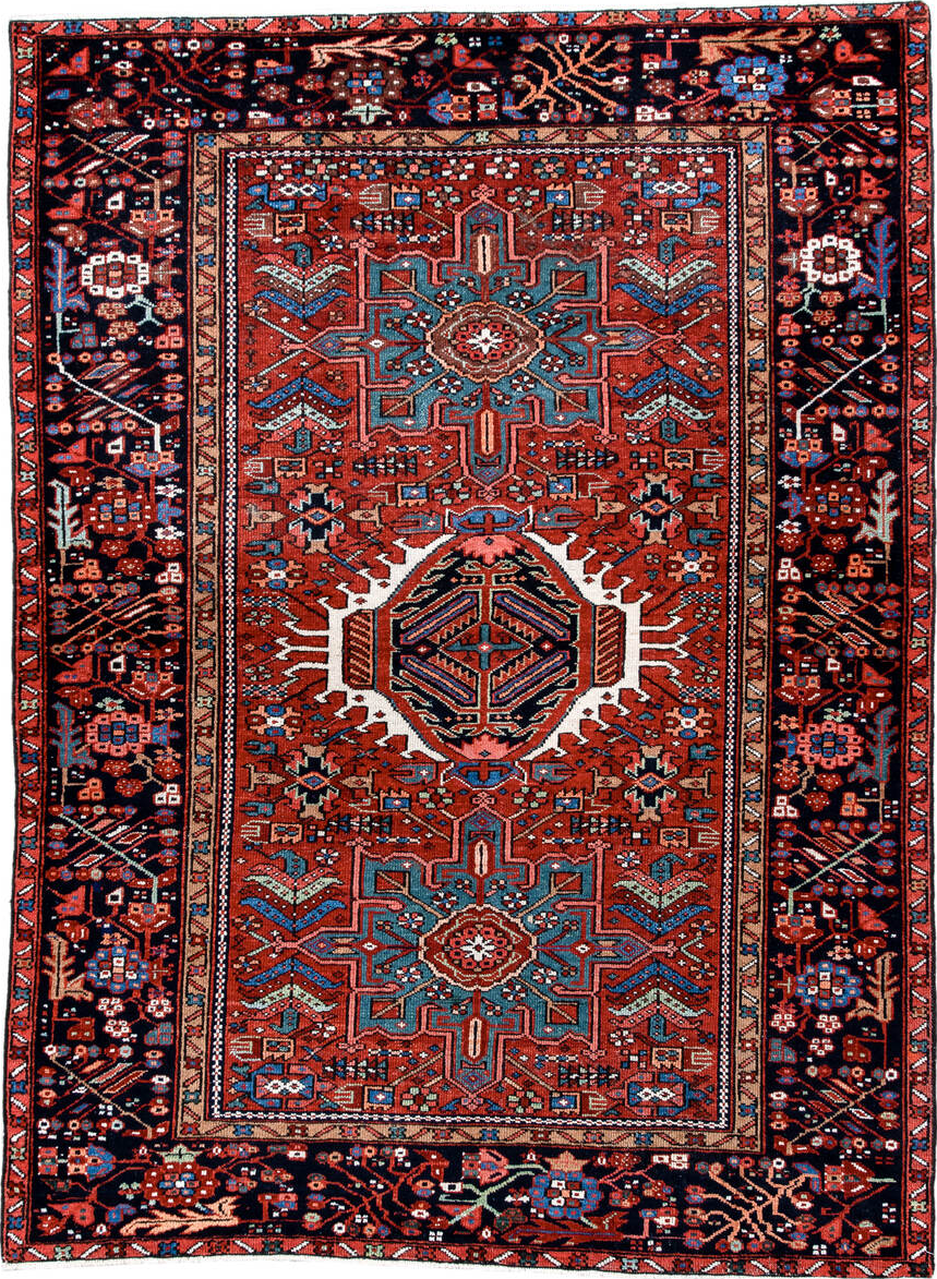 4' x 6' one-of-a-kind handmade vintage Karaje small size rug. Color palette: black, blue, brown, fire brick, gray, off-white