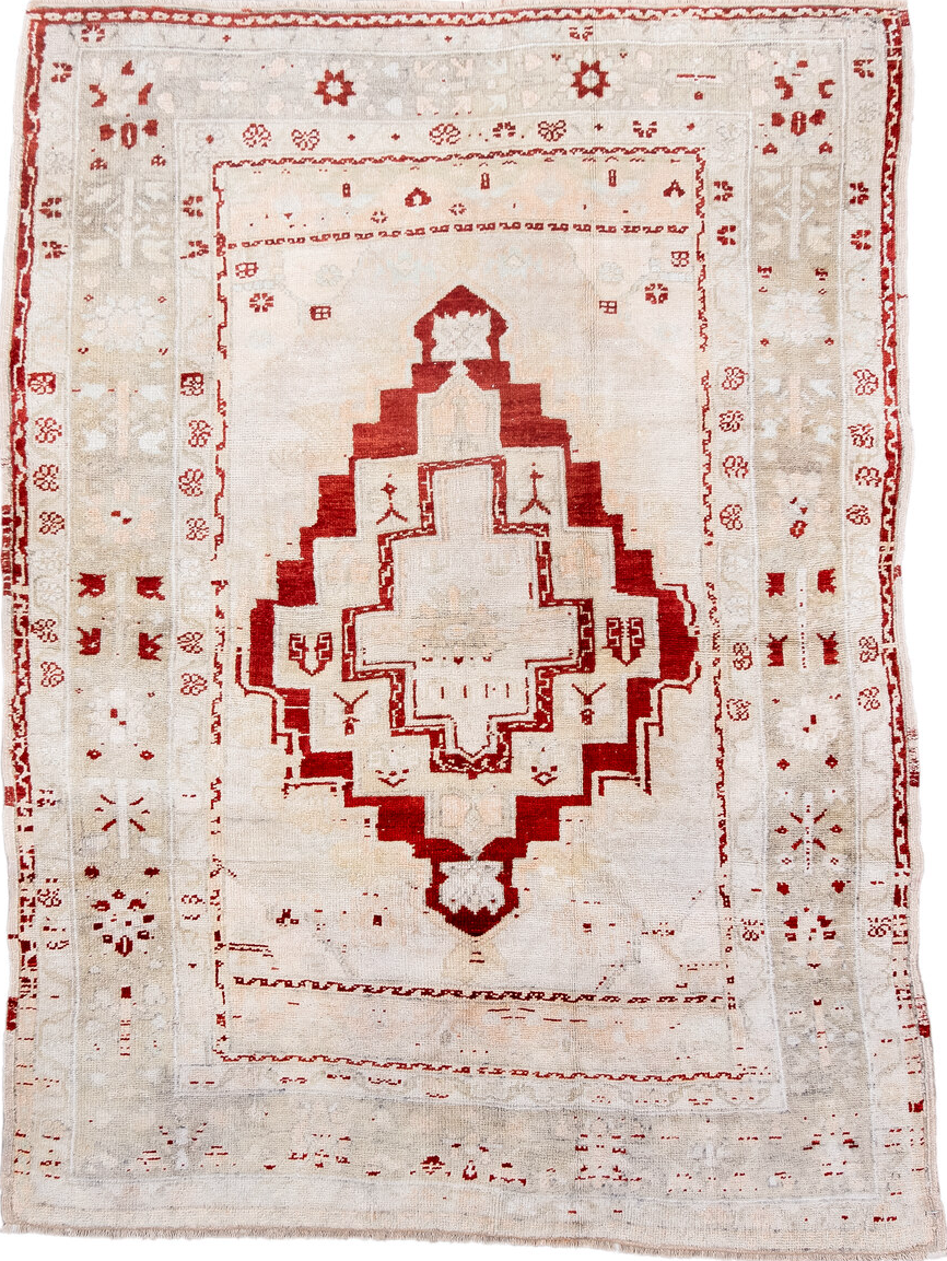 4' x 5' one-of-a-kind handmade vintage Anatol small size rug. Color palette: antiquewhite, brown, dark red, fire brick, gray