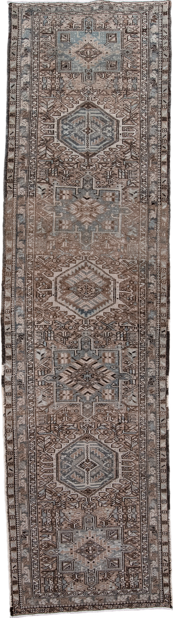 3' x 11' one-of-a-kind handmade vintage Karaje runner rug. Color palette: brown, dim gray, gray, light gray, off-white, pink