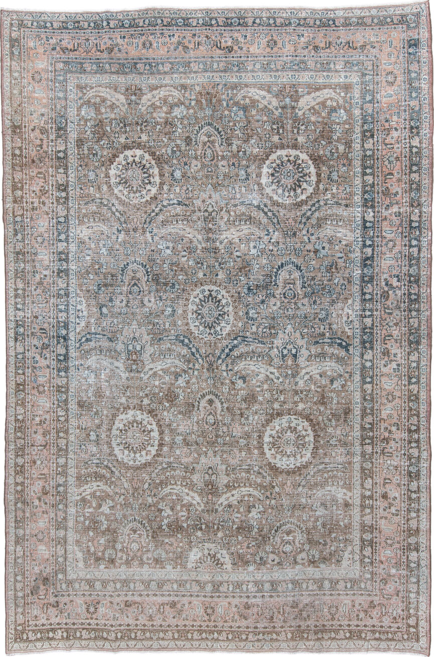 7' x 11' one-of-a-kind handmade vintage Meshed large size rug. Color palette: light gray, gray, off-white, pink, black